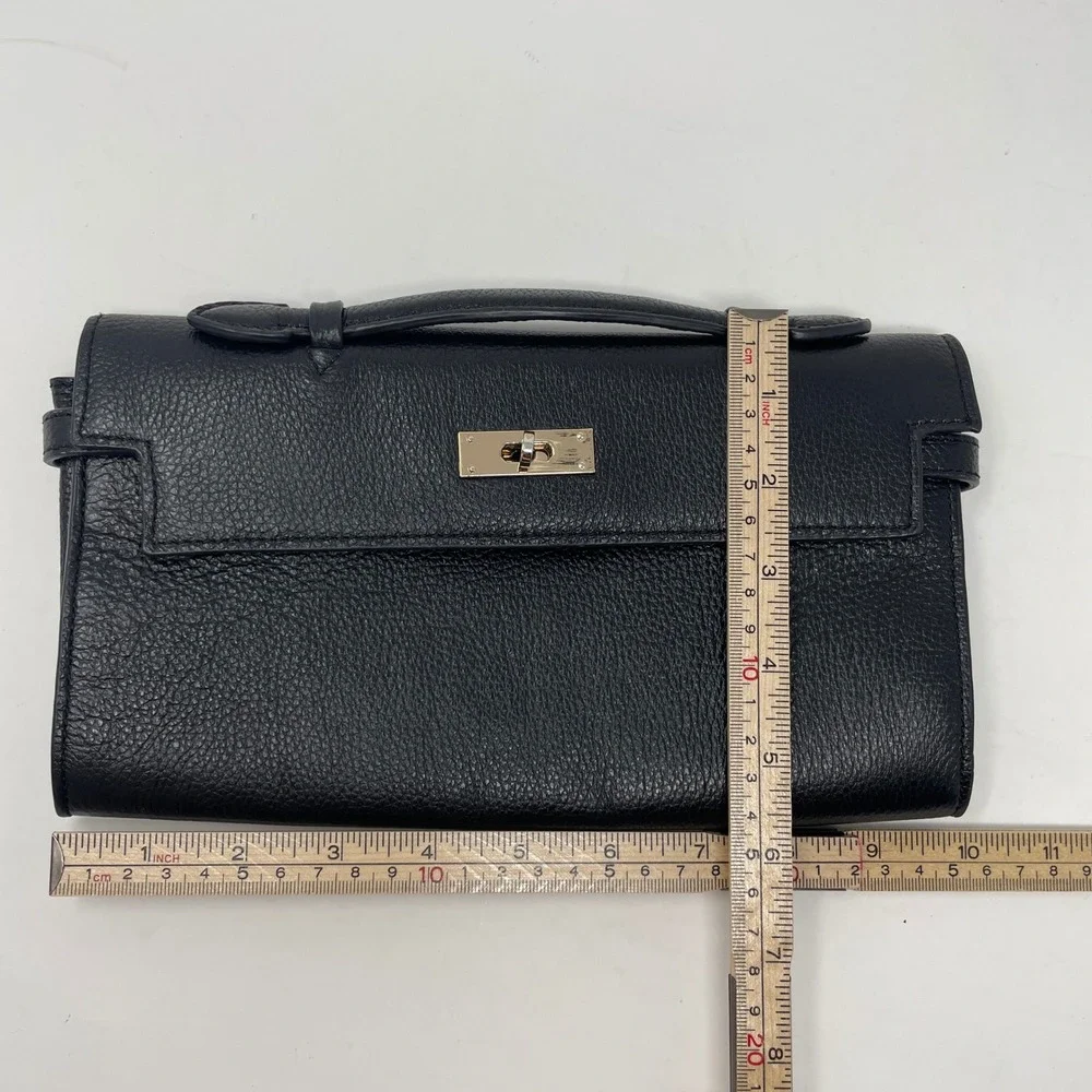 Zenith Black Pebbled Leather Clutch Bag Gold Turn Lock Hardware Handle Handbag